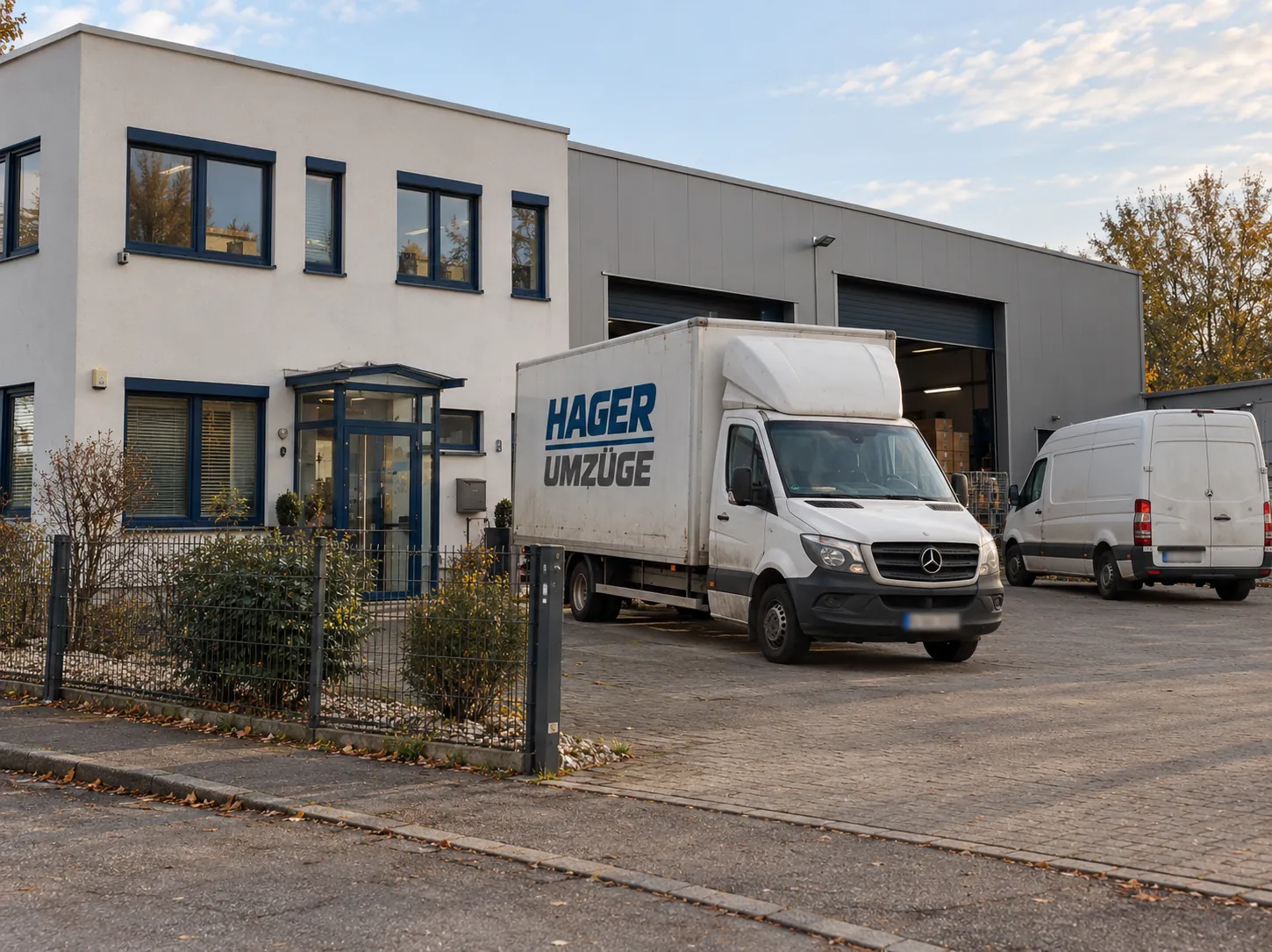 Firmensitz von Hager Umzüge in der Wittelsbachstraße in Ludwigshafen mit Umzugs-LKW und Transporter vor den Hallen